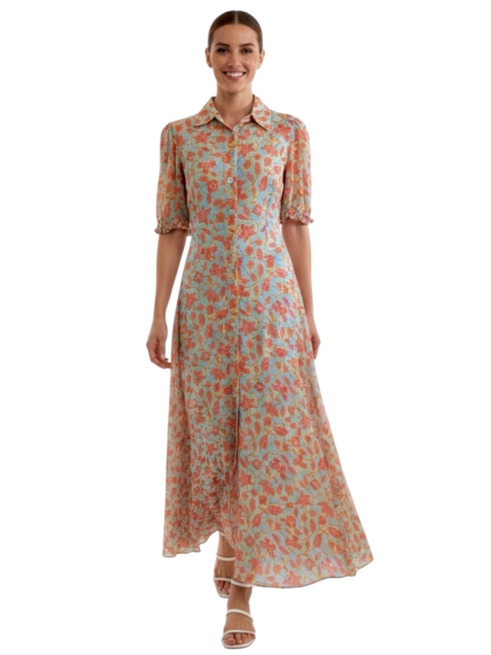 Derek Lam Button-Front Maxi Dress in Floral Coral & Aqua Cottagecore Fairy Sz 6